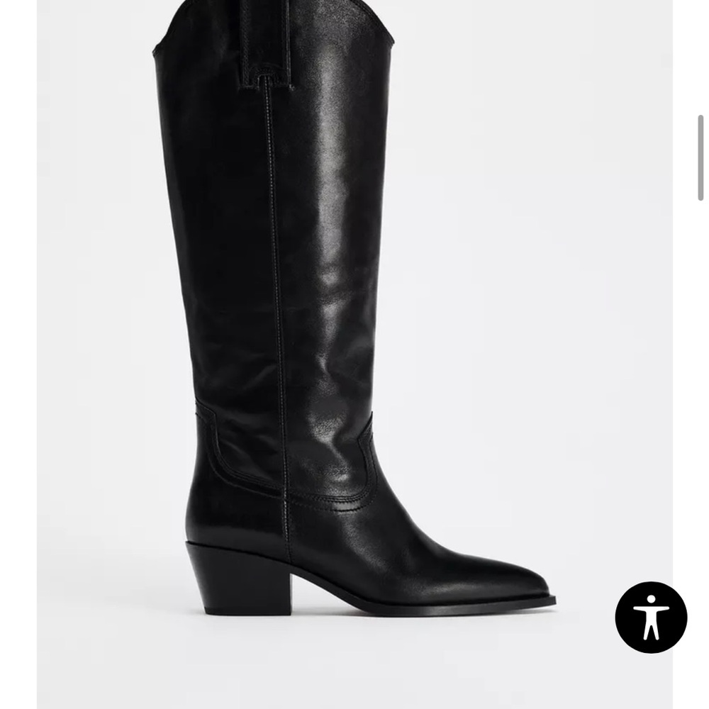 Zara UNWORN NEW Black Leather Knee-High Boots